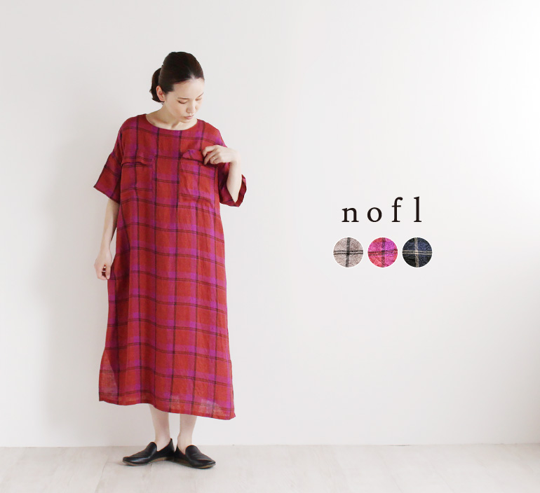 nofl リネンチェックポケット付きワンピース