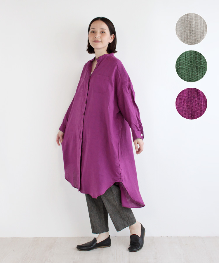 【nofl】リトアニアリネン薄手カラーロングシャツワンピース