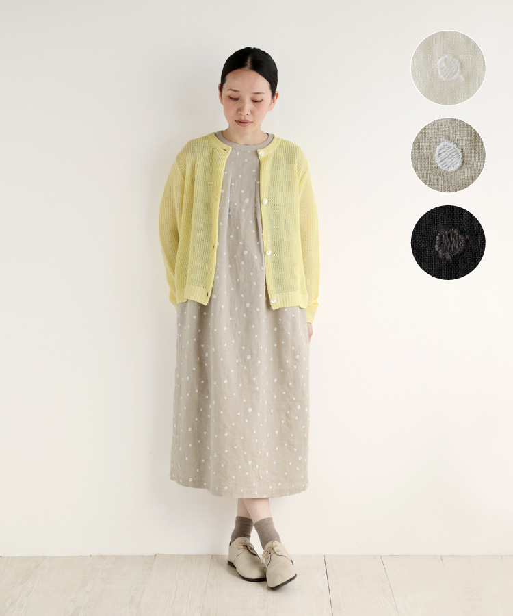 【nofl】リネンドット刺繍タックワンピース