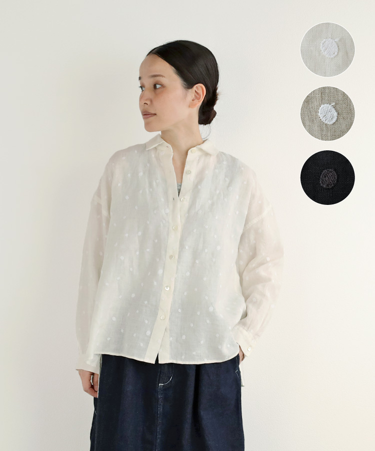 【nofl】リネンドット刺繍衿付きシャツ