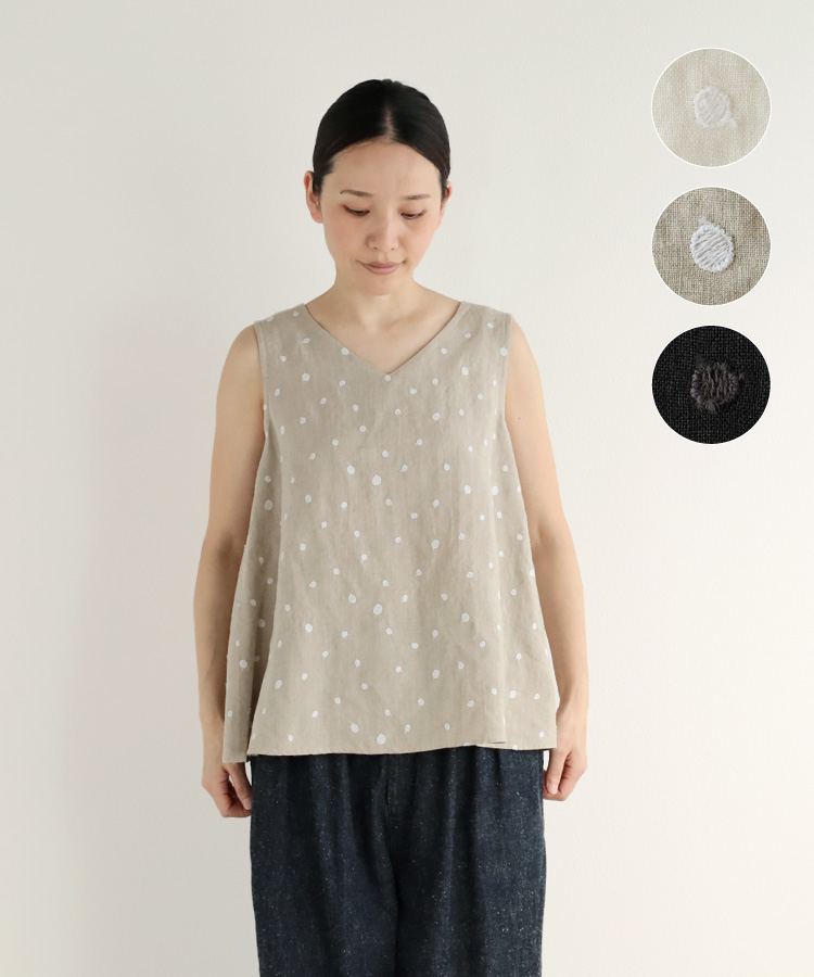 【nofl】リネンドット刺繍ノースリーブブラウス