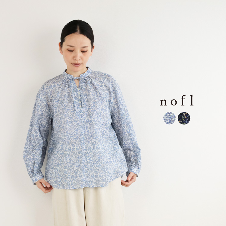 nofl コットンプリントギャザーブラウス