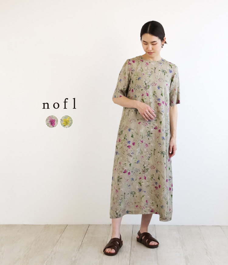 nofl リネンフラワー後ろあき五分袖ワンピース