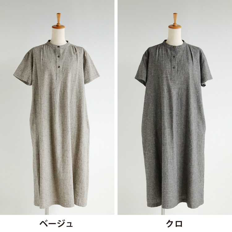 nofl】コットンリネンタック半袖ワンピース（刷毛目風チェック