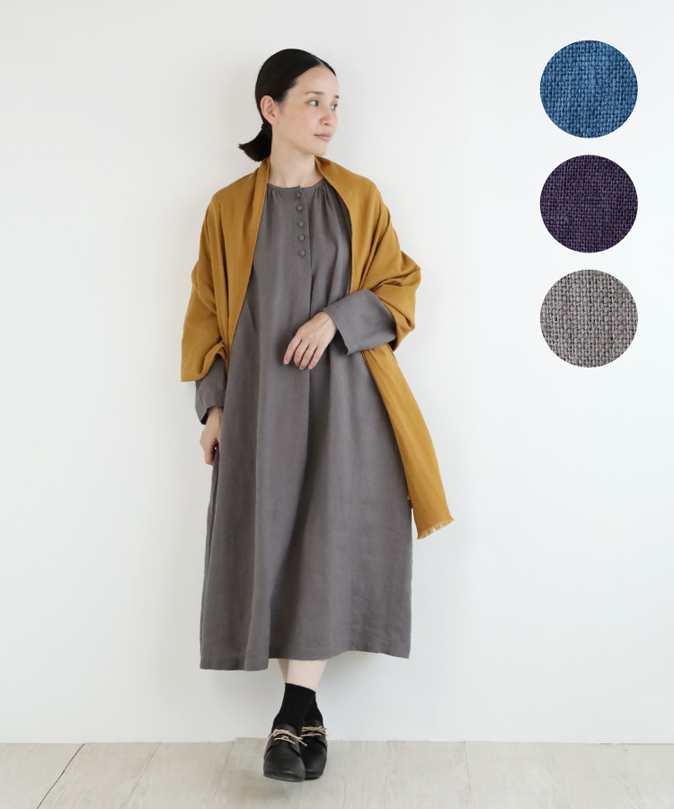【nofl】リトアニアリネンノーカラーギャザーワンピース