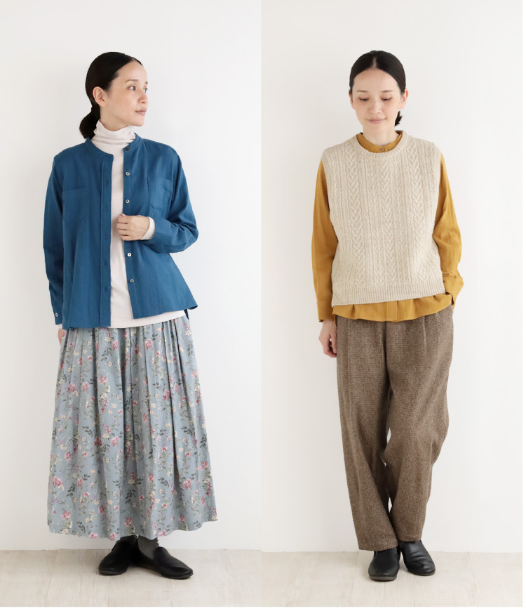 羽織りコーデ、ベストとの重ね着コーデ