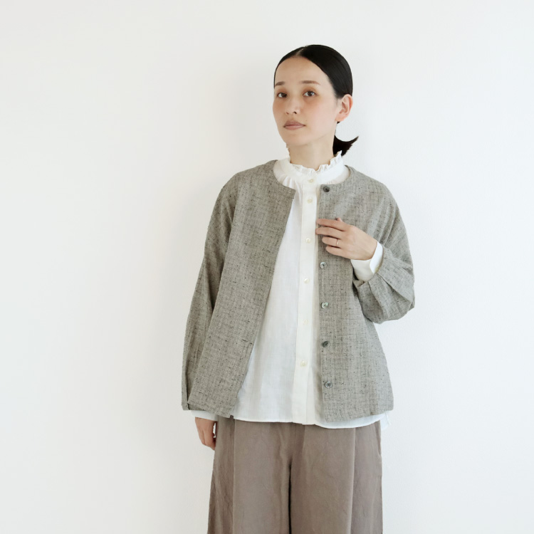 美品　45R コットンリネン　チェック　ジャケット nofl】コットンリネン刷毛目チェックジャケット 644210940