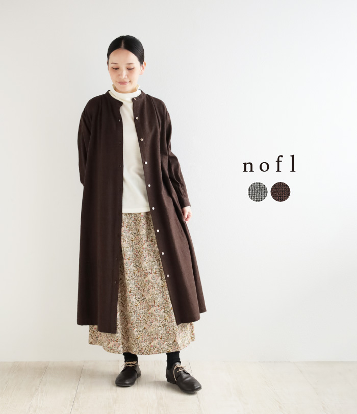 nofl コットンウール千鳥柄前あきタックワンピース