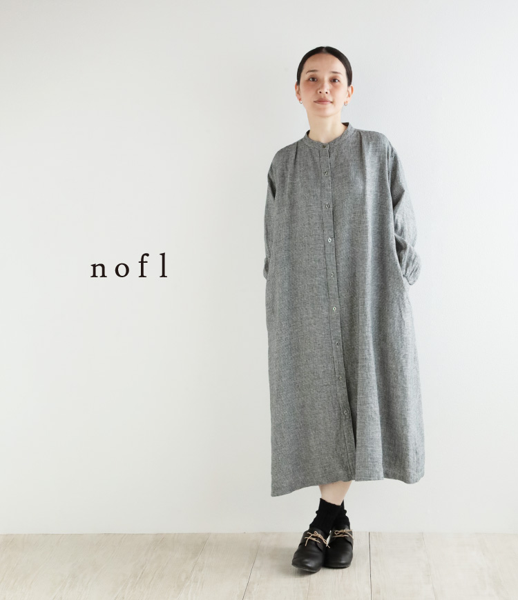 nofl リトアニアリネン千鳥柄前あきタックワンピース