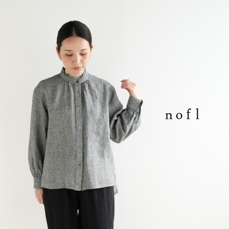 nofl リトアニアリネン千鳥柄フリルブラウス