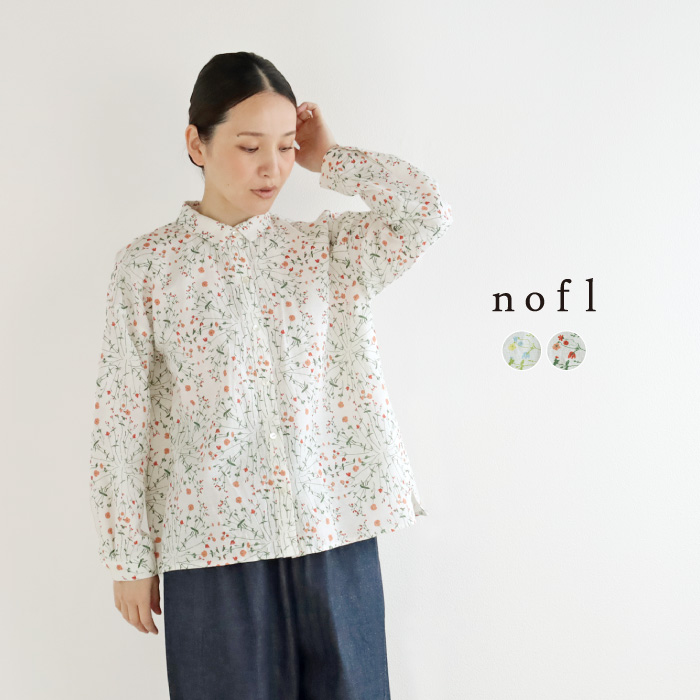 nofl リトアニアフラワープリントオリーブオイル仕上げちび襟ブラウス