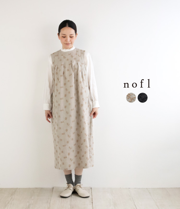 nofl リネンオリーブ刺繍ノースリーブタックワンピース
