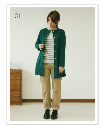 YARRA製品染め裏毛ロングジャケット コーディネイト01