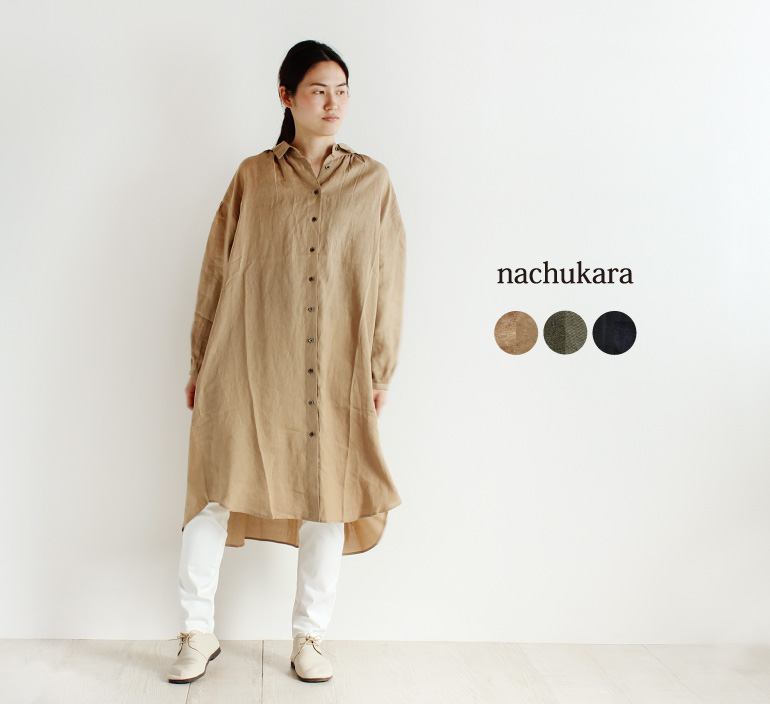 nachukara フレンチリネンコットンドッキングシャツワンピース