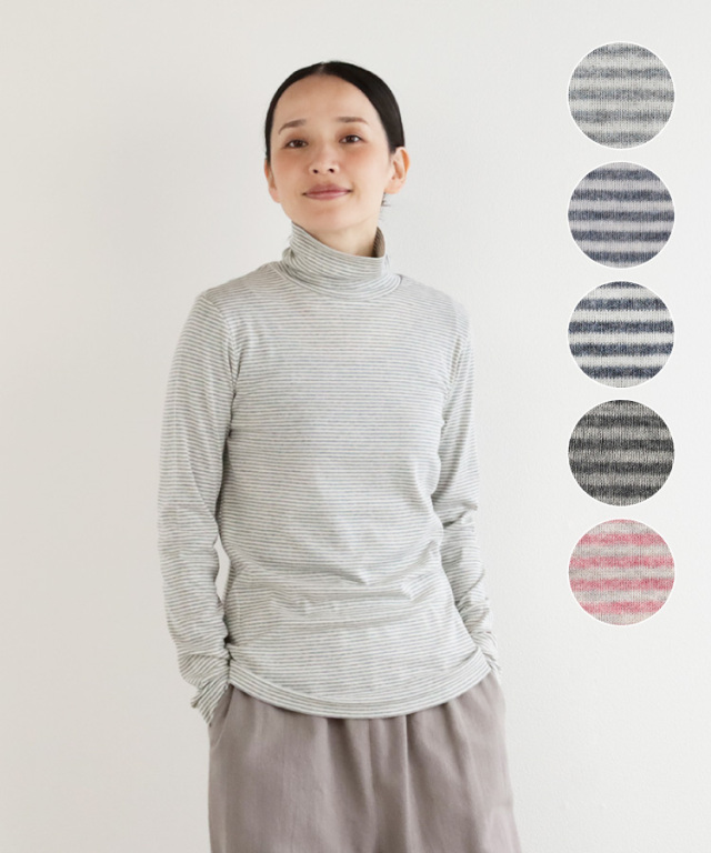 nofl】オーガニックコットンフライスボーダーハイネックプルオーバー