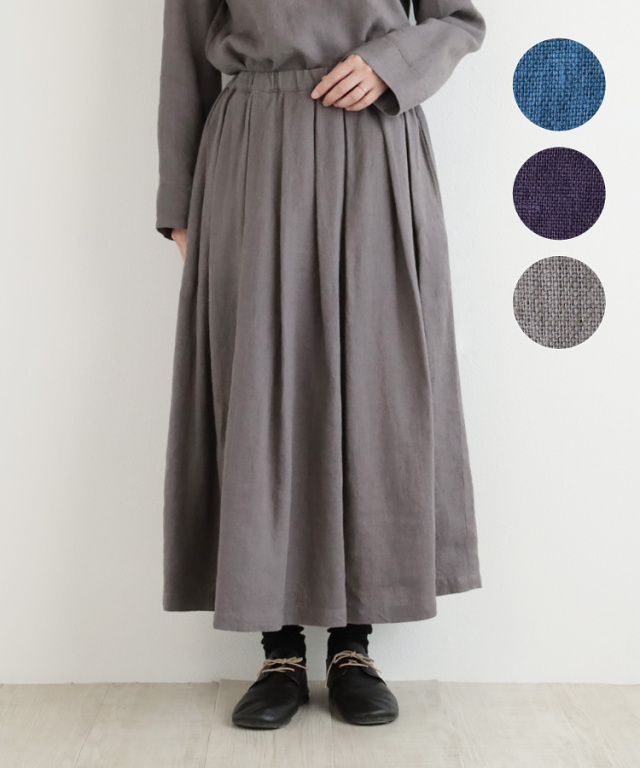 国産リネンのタックスカート　ロング　ブラック　ネイビーブルー　ベルギーリネン 国産リネンのタックスカート ロング ブラック ネイビーブルー