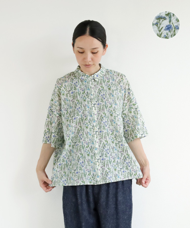 美品＊メゾンキツネ コットンフラワープリントブラウス パープル総柄 半袖 洗える 美品✨ メゾンキツネ コットン 花柄ブラウス 総柄 半袖 シャツ